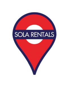 A map pin logo with the words